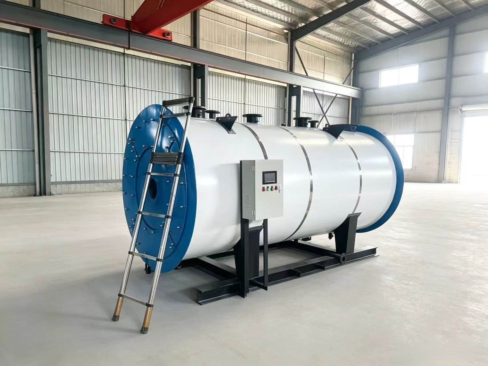 Factory photo of a newly completed boiler package for domestic customer delivery